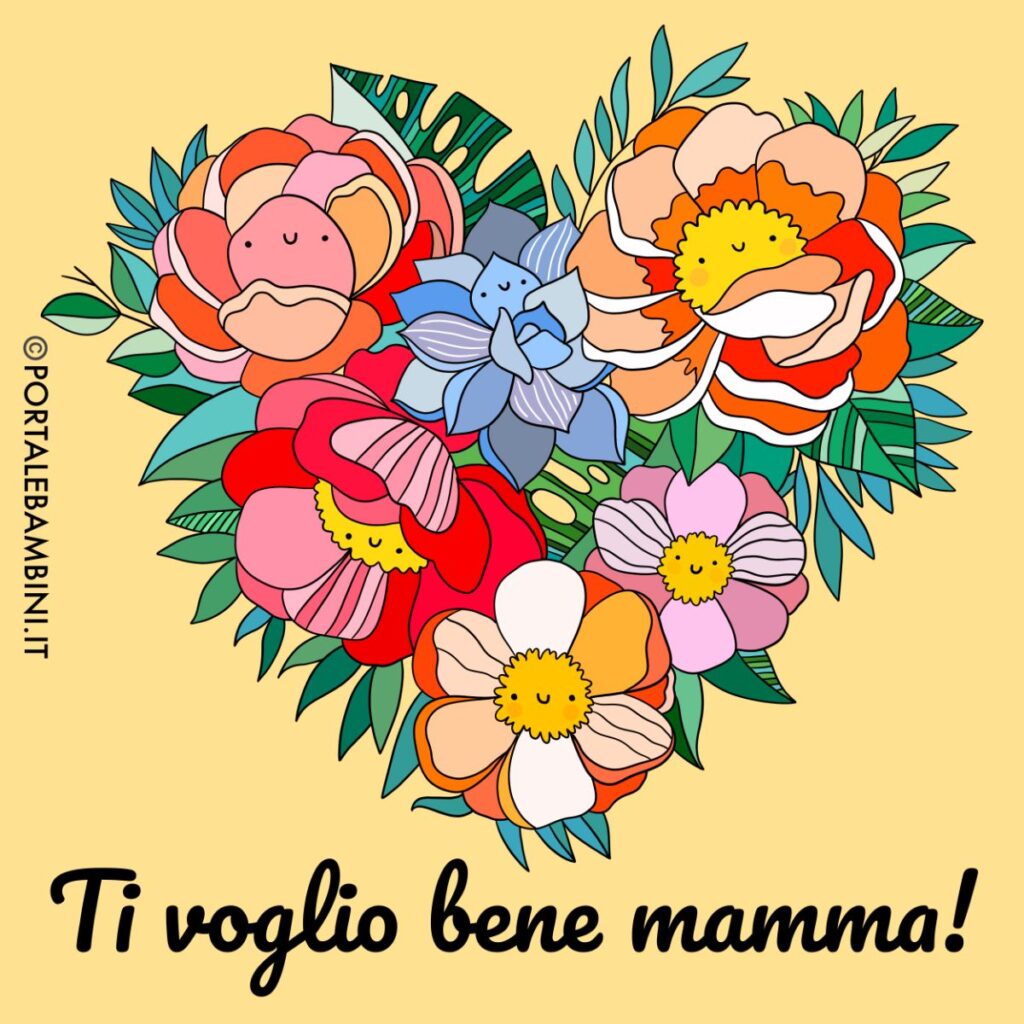 Immagini di auguri per la festa della mamma. Al centro dell'immagine c'è un cuore composto da tanti fiori colorati e sotto il messaggio di auguri: "Ti voglio bene mamma".