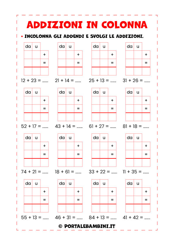 Addizioni in colonna da stampare scheda didattica per la scuola primaria