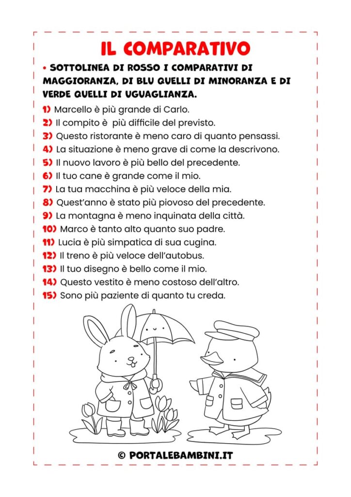 Esercizi sul comparativo di maggioranza, minoranza e uguaglianza per i bambini della scuola primaria