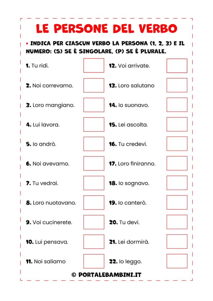 Esercizi sulle persone del verbo per i bambini della scuola primaria