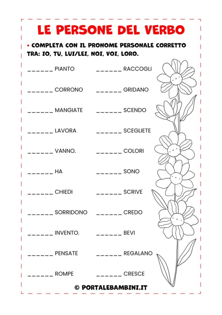 Esercizi sulle persone del verbo per i bambini della scuola primaria