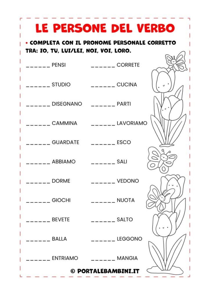 Esercizi sulle persone del verbo per i bambini della scuola primaria