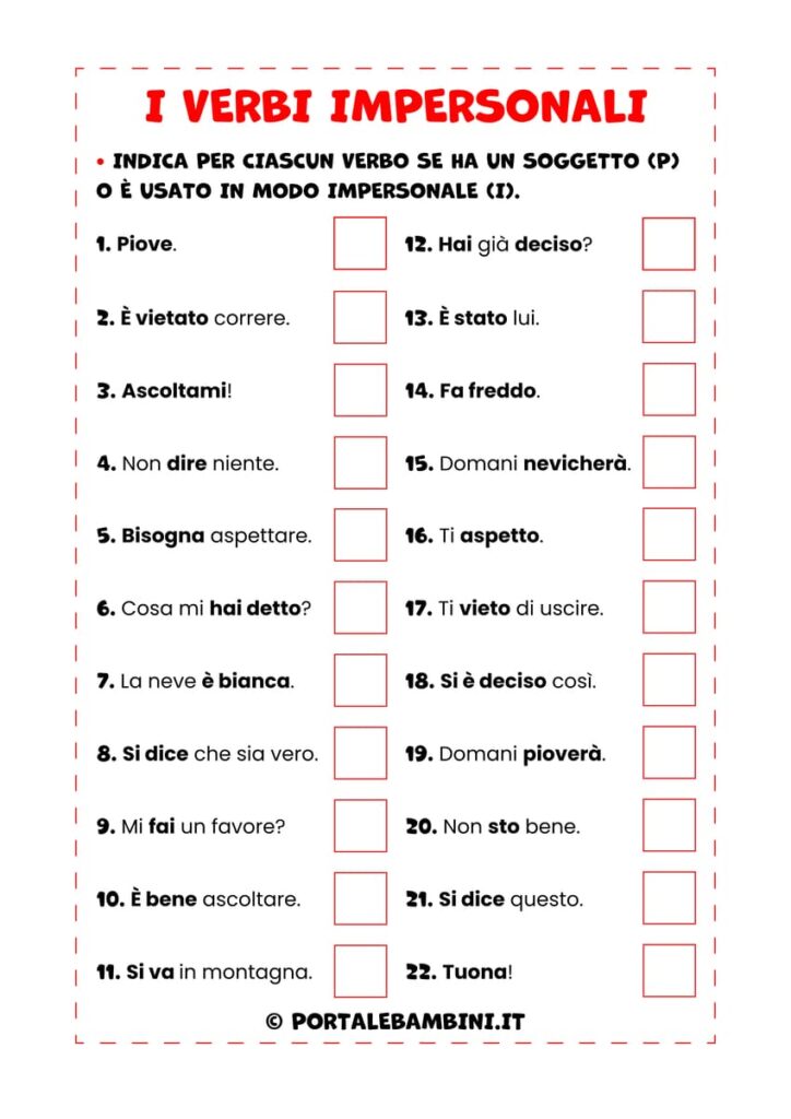 Esercizi sui verbi impersonali per i bambini della scuola primaria