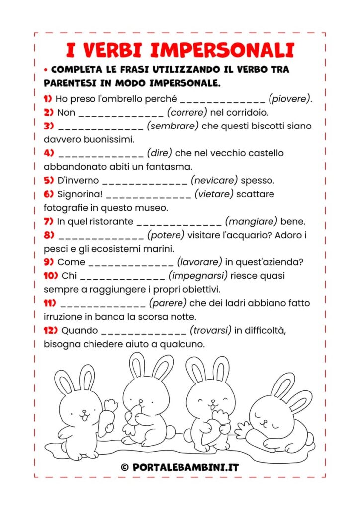 Esercizi sui verbi impersonali per i bambini della scuola primaria