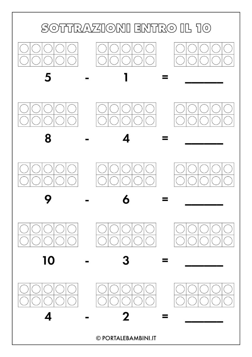 Sottrazioni entro il 10 (Schede didattiche) | portalebambini.it